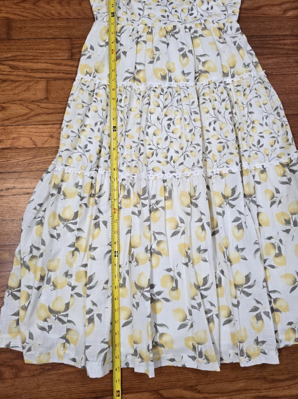 Haute Hippie Lemon Print Tiered Midi Dress Crochet Trim Sz.6 Cotton Cottagecore - Picture 12 of 15